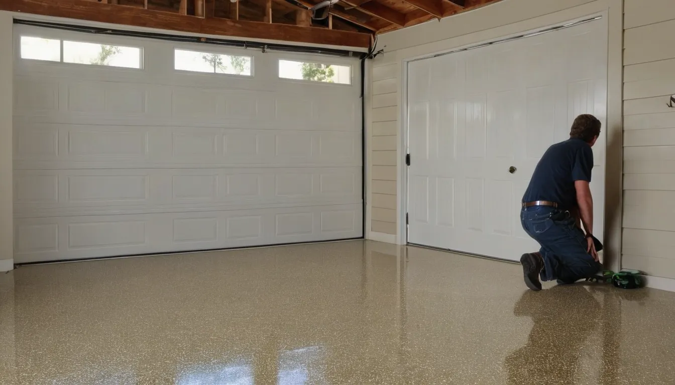 A freshly coated gray and tan flake epoxy garage floor in a Salem Lakes home, with the garage door open to soft daylight